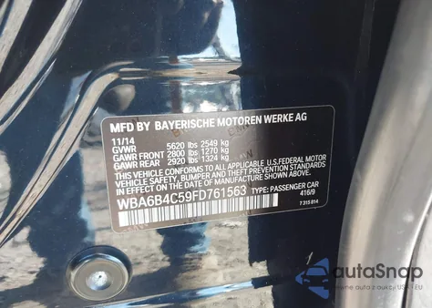 2015 BMW 650I Gran Coupe xDrive z USA, uszkodzony, nr VIN WBA6B4C59FD761563